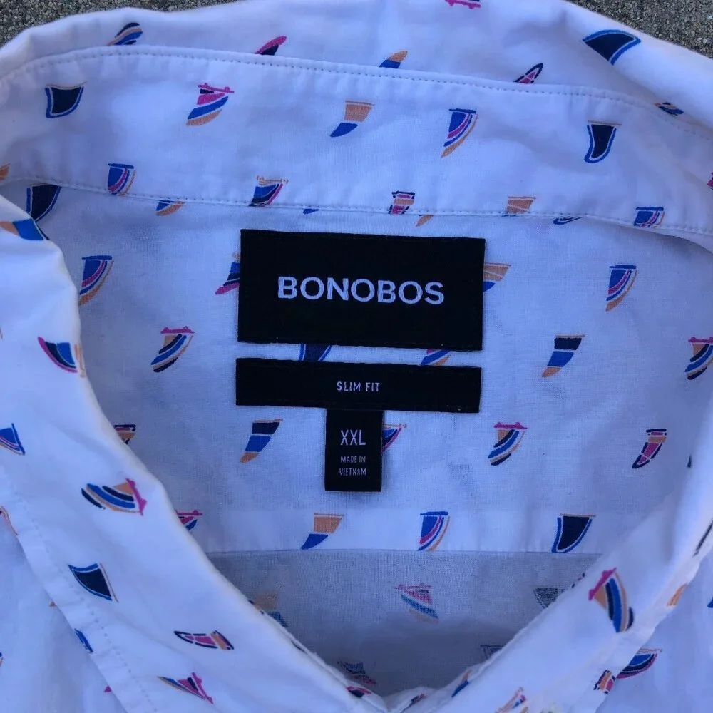 BONOBOS Slim Fit Button Down Shirt 2XL Men's Short Sleeve Sailing Nautical White